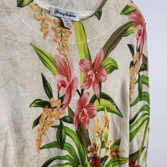 Tommy Bahama Women’s Cream Floral Sequin Knit Top Size Small - Picture 4 of 6